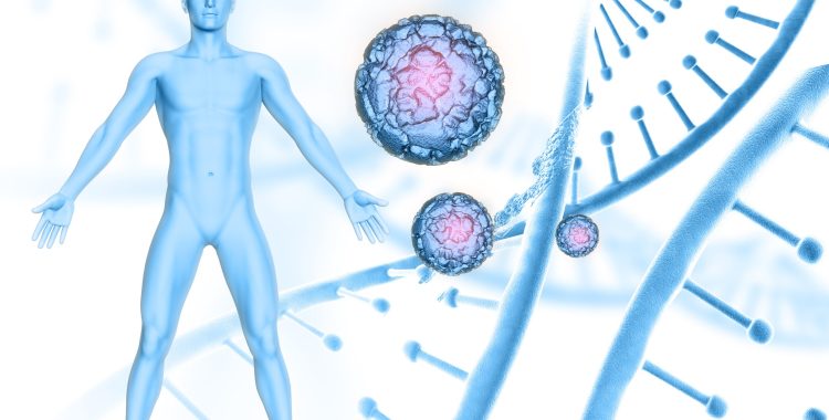3D render of a medical background with male figure on DNA strands and virus cells background