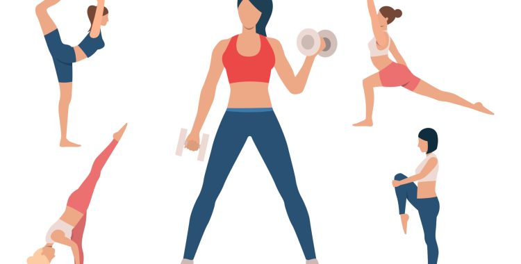 Set of women training body. Girls doing yoga and lifting dumbbells. Sport concept. Vector illustration can be used for topics like gym or fitness club