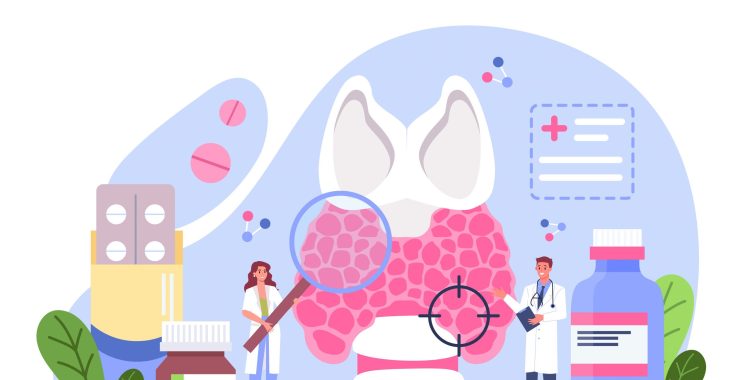 Endocrinologist concept. Thyroid gland examination. Doctor examine hormone and glucose. Idea of health and medical treatment. Isolated flat vector illustration